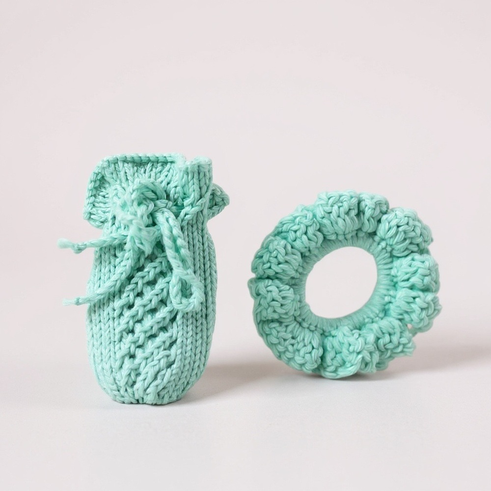 Hand Crafted Soap Saver Bag Hair Scrunchy Bath Essential Cotton Mint Green